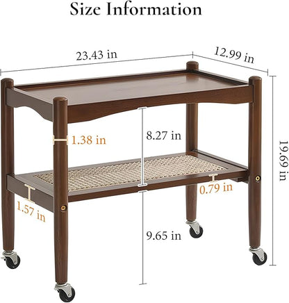 Rattan Side Table with Wheels, Small End Table with Storage, Narrow Wooden Bed Side Table for Living Room, Modern Slim Sofa Nightstand, 23.43" W*12.99" D*19.69" H, (Walnut)