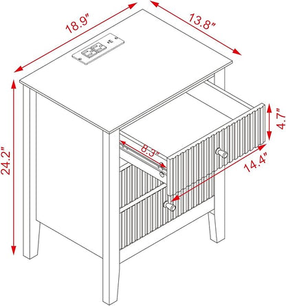OCANDO White Bed Side Table with Charging Station and USB & Type-C Ports, Bedroom Nightstand 24" H,Vintage Modern Night Stand with 3 Drawers 19" W,Living Room Fluted End Bedside Tables