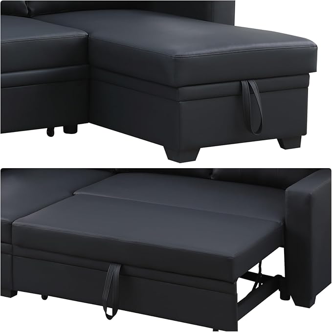 L-Shape Sofa Bed, 82" Sectional Couch with Storage Chaise, Pull Out Sleeper Sofa with Removable Back Cushions, Convertible Corner Couch for Living Room Apartment, Black
