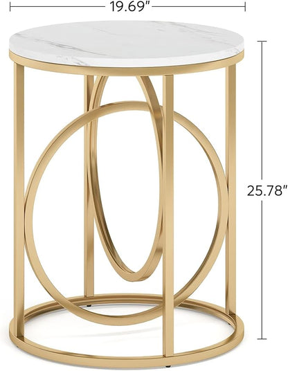 Tribesigns Round End Table for Living Room, Modern Marble Side Table with Gold Metal Frame, White and Gold Accent Table, 26-Inch Tall Narrow Nightstand for Bedroom