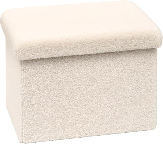 16.5 Folding Storage Ottoman Cube - Small Footrest with Sherpa Top, Multi-Functional Storage for Bedroom, Living Room,White