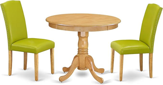 East West Furniture ANEN3-OAK-51 3 Piece Modern Dining Table Set Contains a Round Kitchen Table with Pedestal and 2 Autumn Green Faux Leather Upholstered Chairs, 36x36 Inch, Oak
