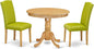 East West Furniture ANEN3-OAK-51 3 Piece Modern Dining Table Set Contains a Round Kitchen Table with Pedestal and 2 Autumn Green Faux Leather Upholstered Chairs, 36x36 Inch, Oak