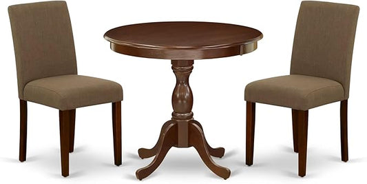 East West Furniture AMAB3-MAH-18 3 Piece Kitchen Table Set for Small Spaces Contains a Round Dining Table with Pedestal and 2 Coffee Linen Fabric Upholstered Chairs, 36x36 Inch, Mahogany