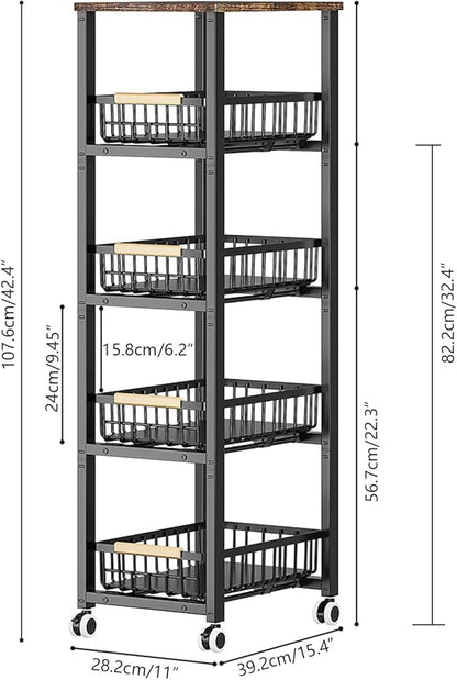Kitchen Storage Cart Slim Rolling Cart On Wheels,5-Tier Skinny Kitchen Island Utility Organizer Storage Cart with Pull-Out Baskets and Wood Top,Mesh Fruit Basket Cart with Handle