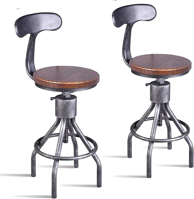 Diwhy Industrial Vintage Bar Stool, Kitchen Counter Height Adjustable Pipe Chair, Cast Iron Stool, Swivel Bar Stool with Backrest, Silver, Fully Welded Set of 2 Brown Wood Seat