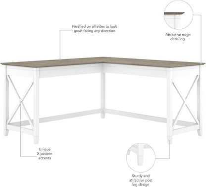 Bush Furniture Key West 60W Modern Farmhouse L Shaped Desk in Pure White and Shiplap Gray | 60-Inch Corner Table for Home Office