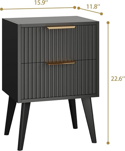 Fluted Nightstand with 2 Drawers,Modern Bedside Table with Metal Handles,White Side Table with Solid Wood Legs,Mid Century End Table for Living Room,Bedroom,Black CTG55BK