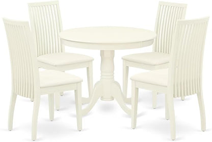 East West Furniture ANIP5-LWH-C 5 Piece Kitchen Table & Chairs Set Includes a Round Dining Room Table with Pedestal and 4 Linen Fabric Upholstered Chairs, 36x36 Inch, Linen White