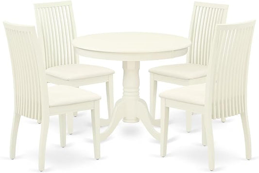 East West Furniture ANIP5-LWH-C 5 Piece Kitchen Table & Chairs Set Includes a Round Dining Room Table with Pedestal and 4 Linen Fabric Upholstered Chairs, 36x36 Inch, Linen White