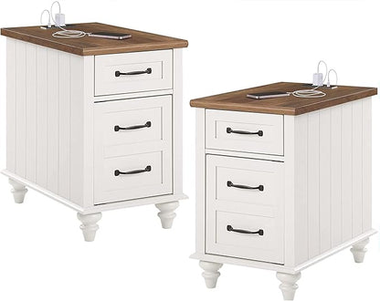 WAMPAT 2 Pack Off White End Table with Charging Station, Wood Side Sofa Table with Drawer and Storage Cabinet, Modern Nightstand with Power Outlets & USB Ports for Living Room, Bedroom