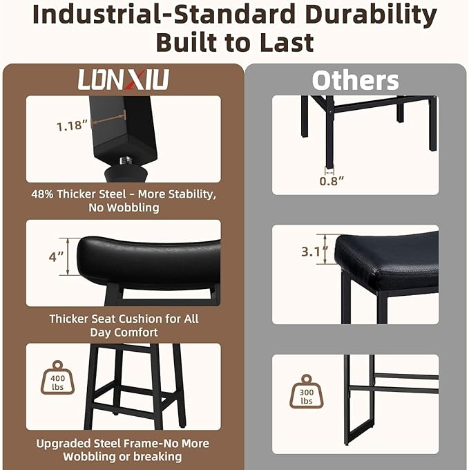 Counter Height Bar Stools Set of 3, 24 Inch Backless BarStools for Kitchen Island Leather Saddle Bar Chairs Kitchen Stools with 4" Thick Seats & Heavy Duty Metal Base, Black
