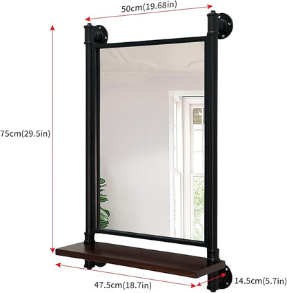 Industrial Pipe Mirror Wood Shelves,Bedroom Mirror with Shelf,Rectangle Iron Wall Mirrors for Living Room Bedroom(29.5x19.68)