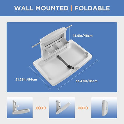 Commercial Baby Changing Station, Wall Mounted Horizontal Baby Changing Table with Safety Strap, Foldable Diaper Tables for Bathroom, White