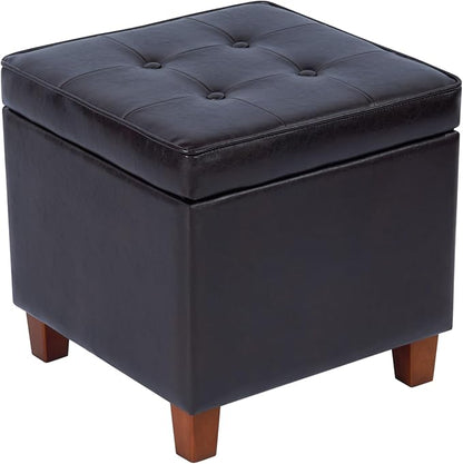 HomePop Leatherette Tufted Square Storage Ottoman with Hinged Lid, Brown Small
