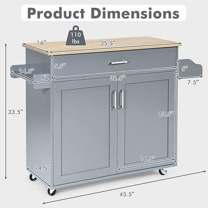 COSTWAY Kitchen Island On Wheels, Rolling Storage Trolley Cart with Large Cabinet, Drawer, Spice Rack and Towel Rack, Kitchen Serving Utility, 3-Position Adjustable Shelf (Grey)