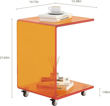 Modern C-Shaped End Table, Small Side Table, Acrylic Nightstand with Storage and Lockable Wheels for Living Room, Bedroom, Office, Bedside, Couch, and Sofa,13.38" D x 14.17" W x 21.65" H