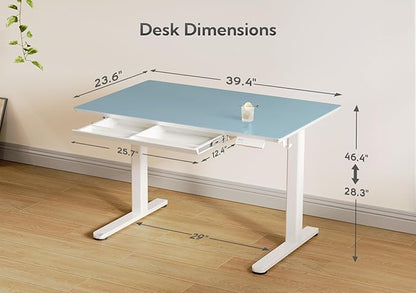 INNOVAR Glass Standing Desk with Drawers, Adjustable Height Electric Stand Up Desk, Small Standing Desks with Storage, 40 inch, Morandi Blue