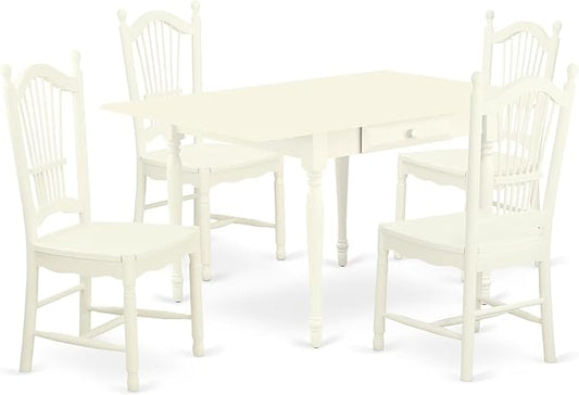 East West Furniture MZDO5-LWH-W 5 Piece Kitchen Table & Chairs Set Includes a Rectangle Dining Room Table with Dropleaf and 4 Dining Chairs, 36x54 Inch, Linen White