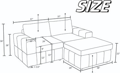 Loveseat Sofa with Ottoman, 74″ Modern Sectional Couches with Deep Seat, Small L Shaped Couch with Chaise for Living Room Bedroom, Brown
