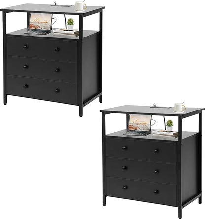 3 Wooden Drawers Nightstand, 27 Inch Wide Night Stand Set 2 with Charging Station and Adjustable Drawers, Bedside Table for Living Room/Bedroom/Office, Black.
