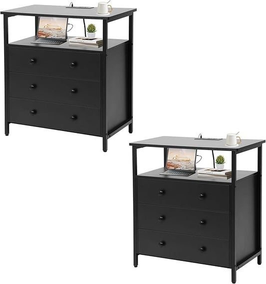 3 Wooden Drawers Nightstand, 27 Inch Wide Night Stand Set 2 with Charging Station and Adjustable Drawers, Bedside Table for Living Room/Bedroom/Office, Black.