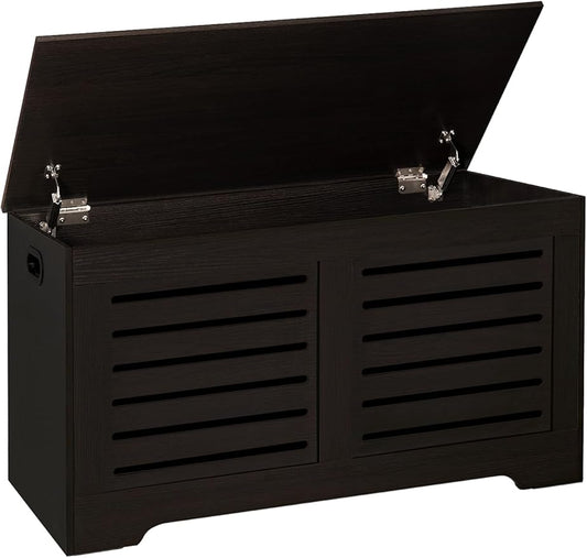 DINZI LVJ Storage Chest, 39.4”Wooden Toy Box with 2 Safety Hinges, Retro Entryway Shoe Storage Bench with Flip-Top, Sturdy Large Storage Trunk for Living Room, Bedroom, Easy Assembly, Espresso