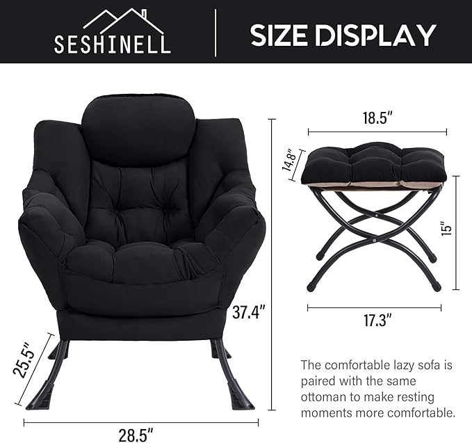 Lazy Chair with Ottoman, Modern Accent Chair Contemporary Lounge Leisure Sofa Chair with Armrests, Reading Chair and Folding Footstool Set for Living Room, Bedroom, Office, Black