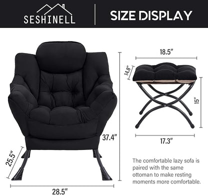 Lazy Chair with Ottoman, Modern Accent Chair Contemporary Lounge Leisure Sofa Chair with Armrests, Reading Chair and Folding Footstool Set for Living Room, Bedroom, Office, Black