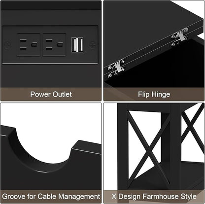 ChooChoo End Table with Charging Station, Narrow Flip Top Side Table with USB Ports & Power Outlets for Small Spaces, Bedside Table with Storage for Living Room, Bedroom, Black