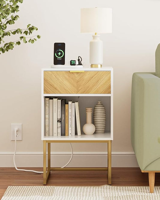 Nightstand with Charging Station,Modern Night Stand Boho Farmhouse Wood Bedside Table with Storage Drawer and Open Shelf,Side End Table for Bedroom,Living Room,White