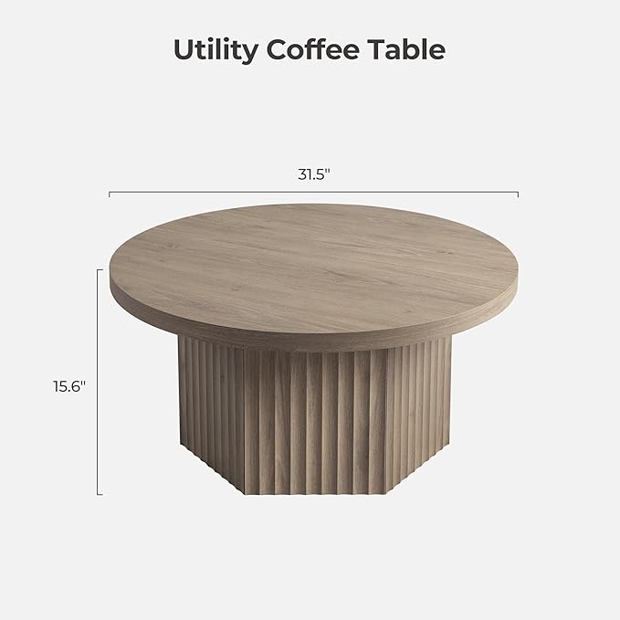 SICOTAS Round Coffee Table for Living Room, Modern Fluted Circle Center Coffee Table with Storage, 32" Accent Tea Dining Table for Apartment, Grey Alder