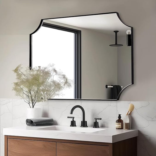 ANDY STAR 30x40 Inch Bathroom Mirror, Black Bathroom Mirror for Over Sink, Unique Rectangle Wall Mirror, Matte Black Framed Rectangular Mirror with Scalloped Edges, Ideal for Home Decor