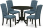 East West Furniture DLCE5-BLK-21 5 Piece Kitchen Table & Chairs Set Includes a Round Dining Table with Dropleaf and 4 Mineral Blue Linen Fabric Upholstered Chairs, 42x42 Inch, Black