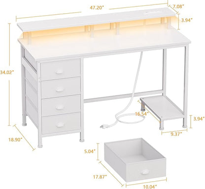 Furologee 47" White Computer Desk with 4 Fabric Drawers & Monitor Stand, Gaming Desk with Power Outlets - LED Lights, Home Office Space-Saving Study Table for Bedroom Small Spaces