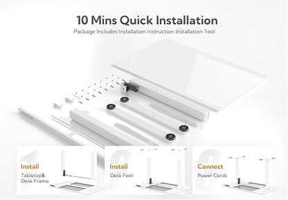 Claiks Glass Standing Desk, 48x24 Inch White Standing Desk Adjustable Height Electric Stand Up Quick Install for Computer Desks, Super White