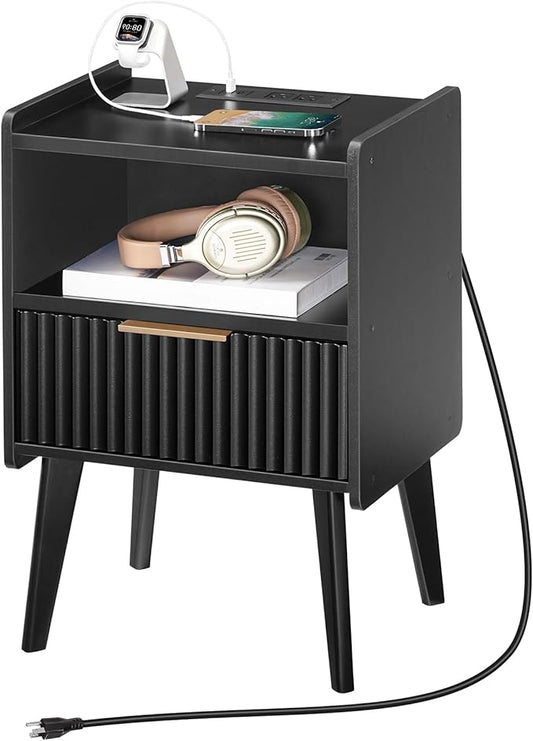 Fluted Nightstand, End Table, Small Modern Bedside Table with Charging Station, Side Table with Drawer, for Small Spaces, Bedroom, Living Room, Black ETBK61E01N1