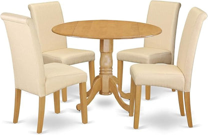East West Furniture DLBA5-OAK-02 5 Piece Dining Set Includes a Round Dining Room Table with Dropleaf and 4 Light Beige Linen Fabric Upholstered Parson Chairs, 42x42 Inch, Oak