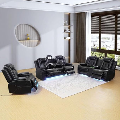 Electric Power Recliner Chair/Loveseat/Sofa Living Room, Comfy Home Theater Breathing Leather Seating with USB 2.0 Charging Ports, LED Light Strips, Fold-Down Table & Cupholders (Black, 3-Piece)