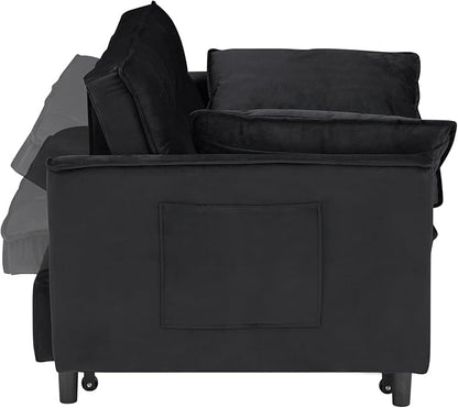 Ball & Cast 55" Convertible Sleeper Sofa Bed,Convertible Pull Out Couch with 2 Pillows,Adjustable Backrest & Side Pocket,Loveseat Futon Sofa Bed for Living Room,Apartment,Velvet Fabric,Black