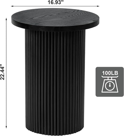 Modern Side Table, 16.93" Fluted Round Pedestal Table for Living Room, Bedroom, Entryway, Sofa, Chair – Black Accent Table with Solid Wood Strips End Table, Fully Assembled Drum Table