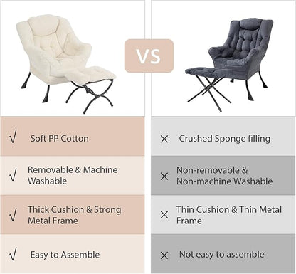 Lazy Chair with Ottoman, Modern Chair with Folding Footrest, Lounge Accent Chair, Comfortable Reading Chair for Bedroom, Study, Living Room, Courtyard (Plush Beige)