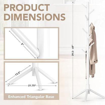 Wooden Tree Coat Rack Stand,Sturdy Freestanding Coat Rack with 8 Hooks,3 Adjustable Height for Child Adult,Wood Coat Stand Tree Fits Entryway Bedroom Office for Bags,Hats