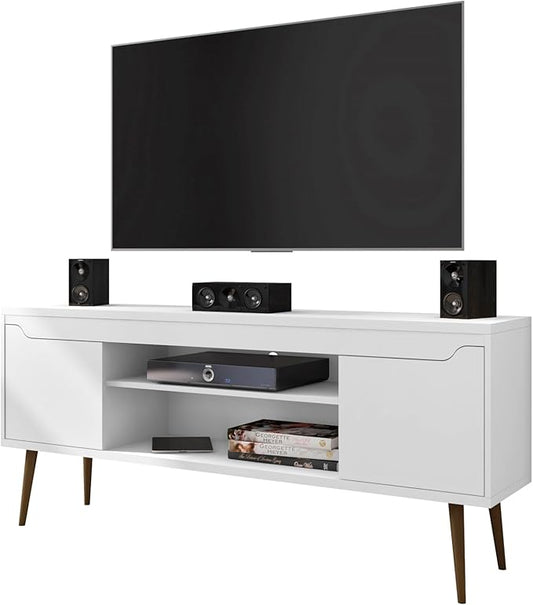 Manhattan Comfort Bradley Mid Century Modern TV Stand for Televisions up to 60 Inches, Living Room Entertainment Center with Storage, Media Shelves and Soft Close Doors, White