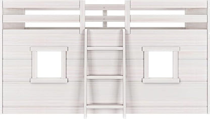 Max & Lily Modern Farmhouse Twin Low Loft Bed with Two Windows - Solid Wood, 15” Guardrails, 400-lb Capacity, Low-VOC Finish, White Wash