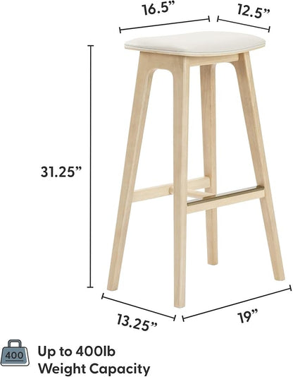 Plank+Beam Beryl Bar Height Stool - Mid-Century Modern Rubberwood Bar Stool with Faux Leather Seat, Metal Footrest, Easy Assembly, 4-Pack, Blonde/Sesame