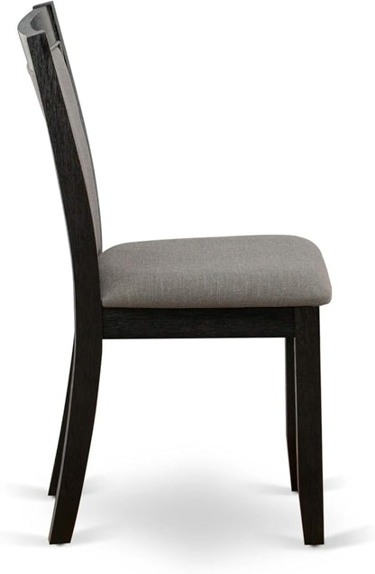 X07MZ-B06-50 - 9-Pc Dining Table Set a Rectangular Dining Table and a wooden Bench and 7 Dark Gotham Grey Linen Fabric Kitchen Chair, 39x120 Inch, Wire Brushed Black