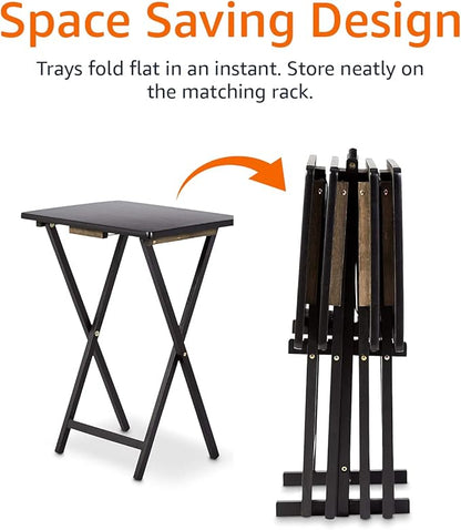 Amazon Basics Portable TV Dinner 4-Pack Rectangular Folding Tray Table with Storage Rack, Black, 15" x 19" x 26"