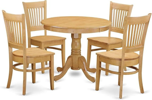 East West Furniture ANVA5-OAK-W 5 Piece Dining Set Includes a Round Dining Room Table with Pedestal and 4 Wood Seat Chairs, 36x36 Inch, Oak