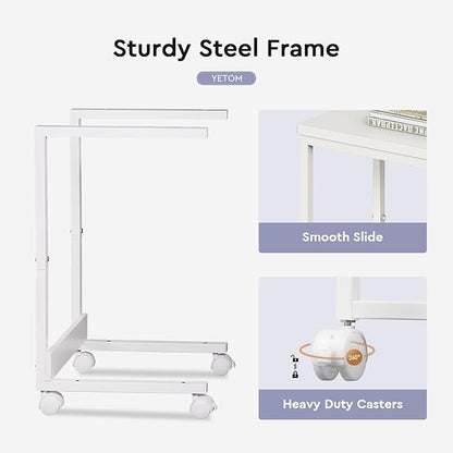 Side Table,C Table with 2-Tier Storage Shelf, End Table TV Tray with Metal Frame, Sofa Table with Wheels for Living Room, Bedroom, Office, Bathroom, Easy Assembly, White